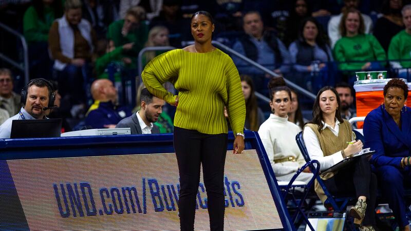 Notre Dame head coach Niele Ivey during the first half of an NCAA college basketball game...