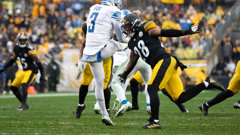 Detroit Lions punter Jack Fox (3) is run into by Pittsburgh Steelers safety Miles Killebrew...